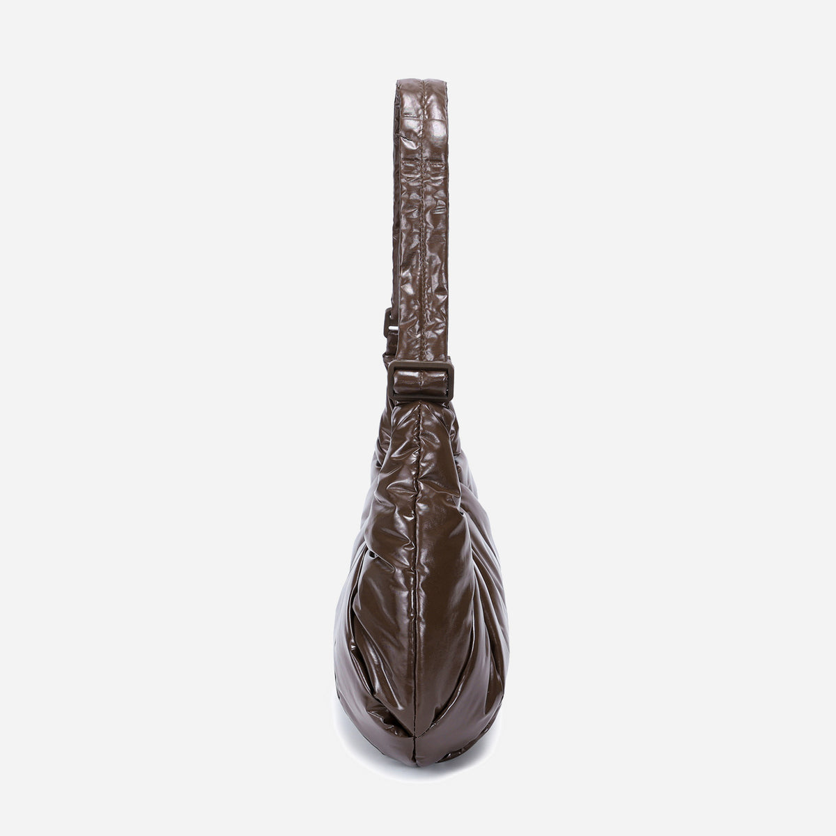 A glossy texture Croissant-shaped shoulder bag in glossy brown color by Dude & Bestie