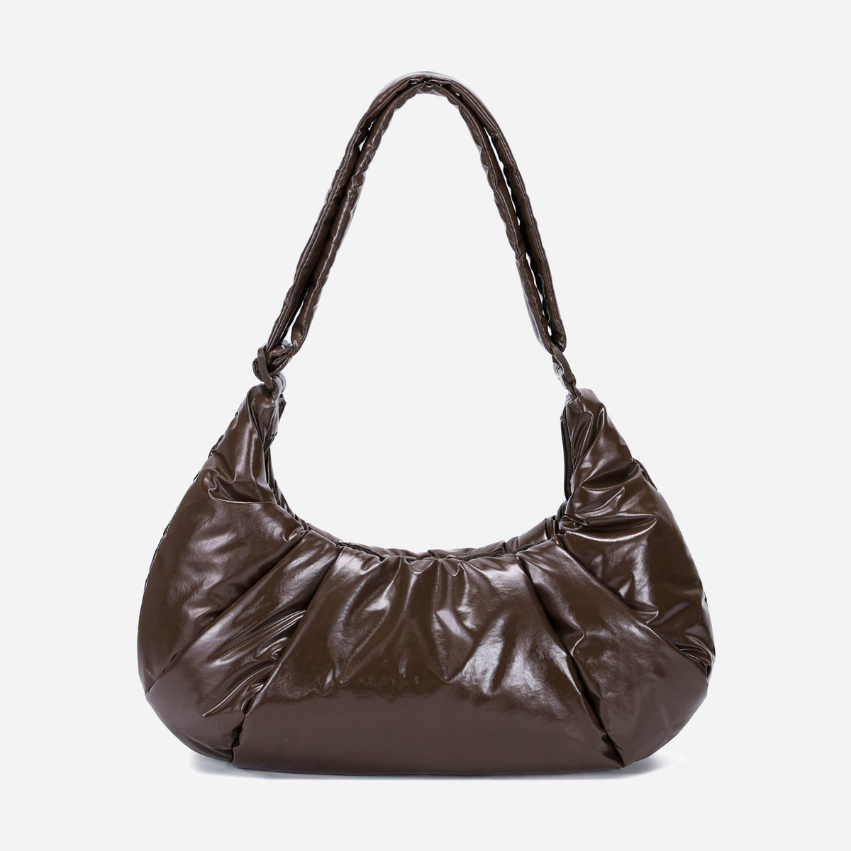 A glossy texture Croissant-shaped shoulder bag in glossy brown color by Dude & Bestie