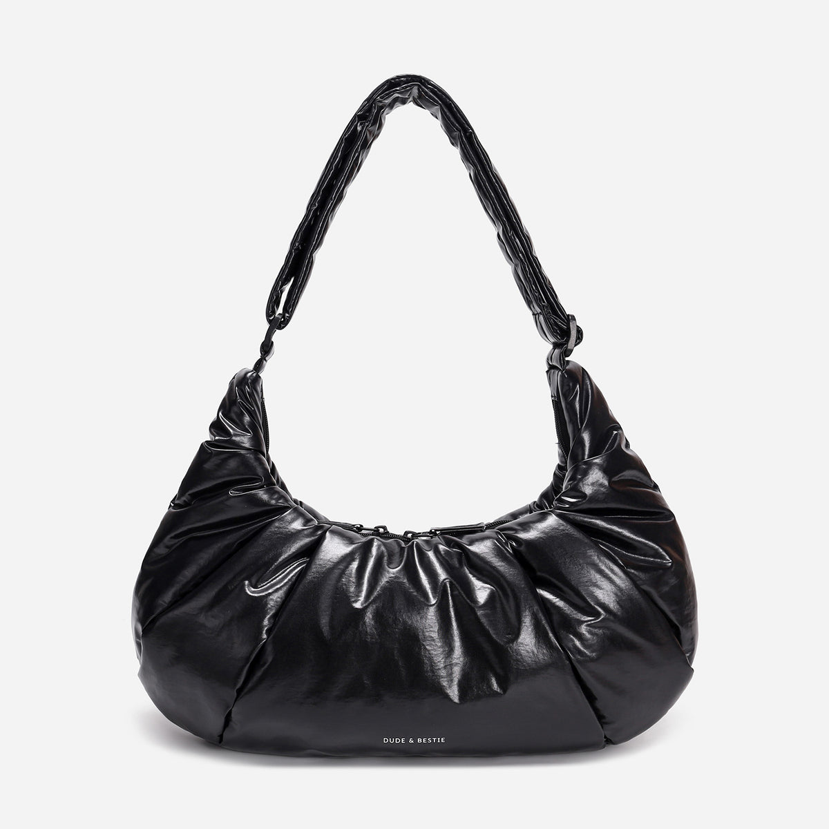 A black shiny Croissant-shaped shoulder bag with a single strap in polish black color