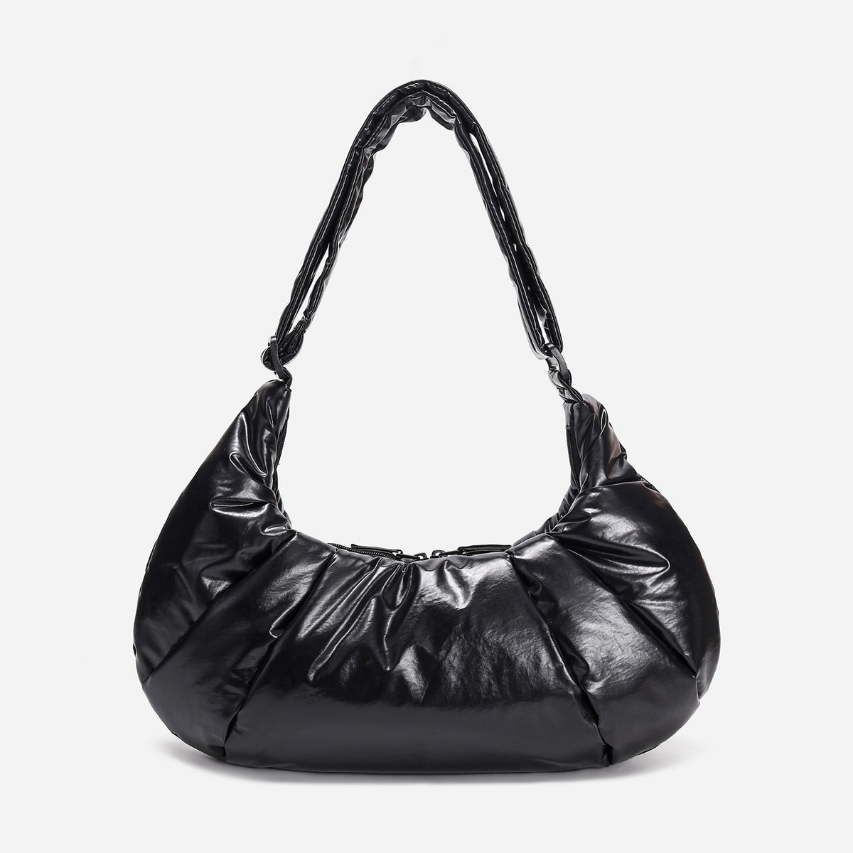 A black shiny Croissant-shaped shoulder bag with a single strap in polish black color